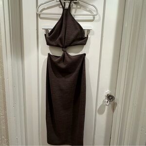 White Fox Boutique Chocolate Brown Cutout Halter Midi Dress